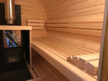 Fasssauna  Saunafass mit Holzofen Sauna holzbeheizt mit Lärchen Vollholz Dach